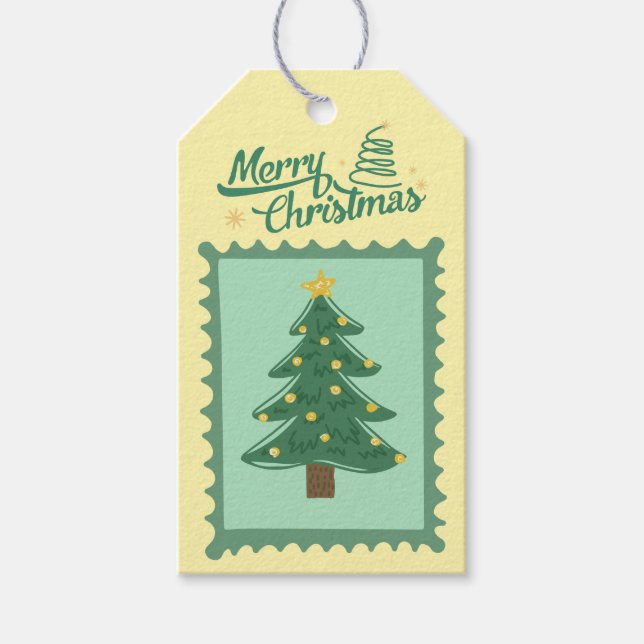 Custom Retro Paper Stamp with Christmas Tree Presentetikett (Framsidan)