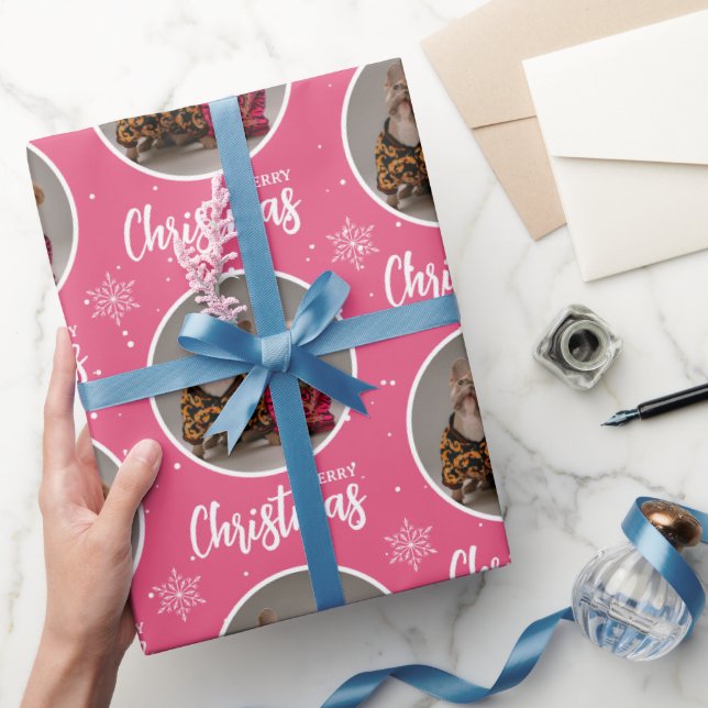 Custom Retro Pink Merry Christmas One Circle Photo Presentpapper (Gifting)