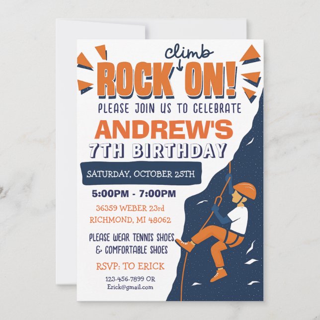 Custom Rock Climbing Birthday Party Invitation Inbjudningar (Framsida)