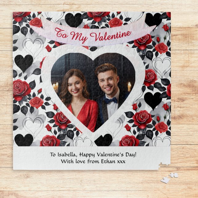 Custom Romantic Roses and Hearts Valentine's Day Julkort (A romantic jigsaw puzzle for Valentine's Day, with red roses, hearts and custom photo and message)