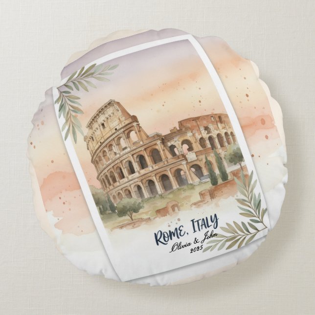 Custom Rome Italy Honeymoon or Vacation keepsake Rund Kudde (Framsidan)