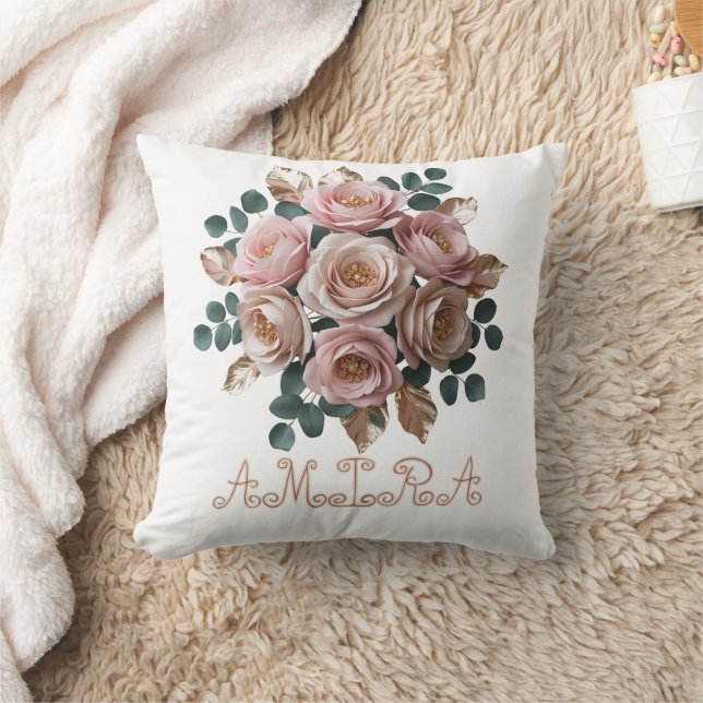 Custom Rose Gold Floral Monogram Heart Pillow Kudde (Filt)