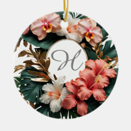 Custom Rose Gold Floral Monogram Round Keepsake Julgransprydnad Keramik