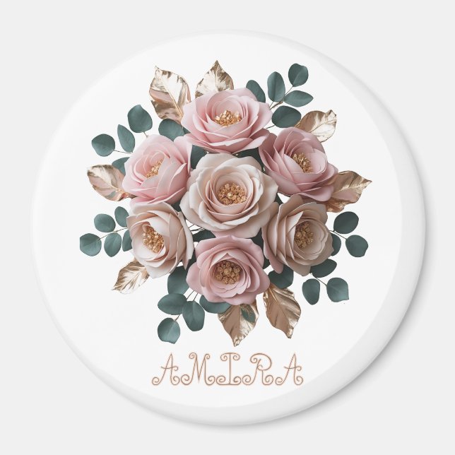 Custom Rose Gold Floral Monogram Round Magnet (Framsidan)