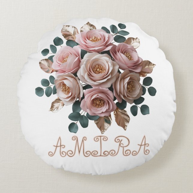 Custom Rose Gold Floral Monogram Round Pillow Rund Kudde (Framsidan)