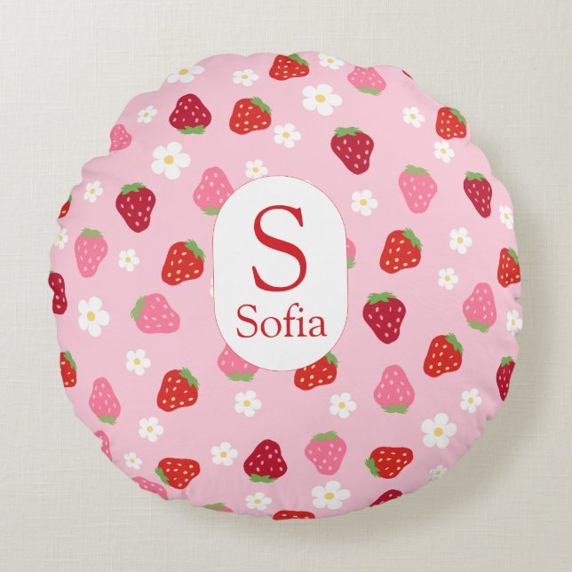 Custom Round Strawberry & Daisy Baby Pillow Rund Kudde (Framsidan)
