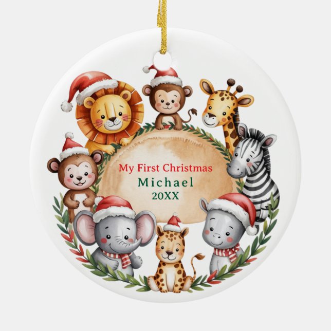 Custom Safari Animals Baby 1st First Christmas Julgransprydnad Keramik (Baksidan)