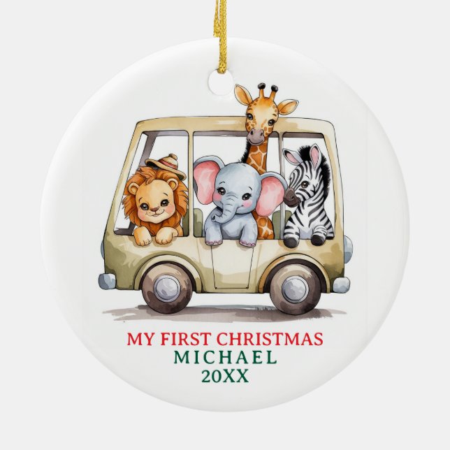 Custom Safari Animals Baby 1st First Christmas Julgransprydnad Keramik (Baksidan)