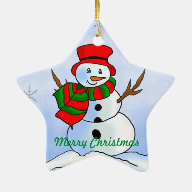 Custom snow man on blue background and snowflakes julgransprydnad keramik (Baksidan)