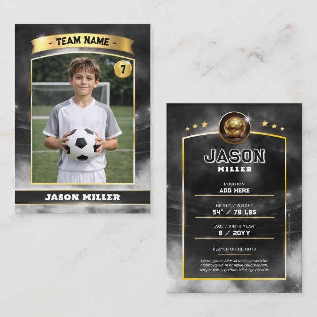 Custom Soccer Trading Card, Black Gold Stadium  (Fram/baksida)