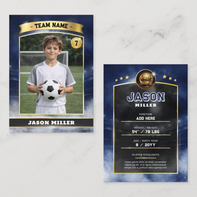 Custom Soccer Trading Card, Blue Gold Stadium Call (Fram/baksida)