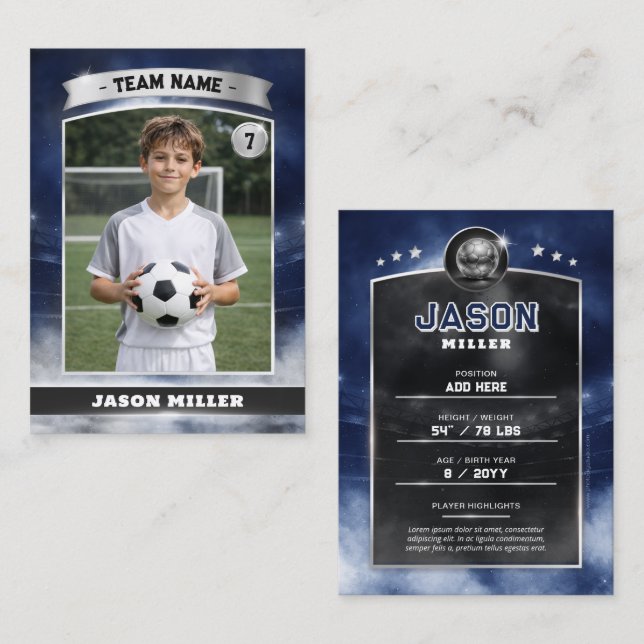 Custom Soccer Trading Card, Blue Silver Stadium (Fram/baksida)