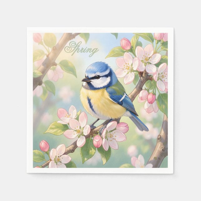 Custom Spring Party Blue Tit Bird on Apple Tree Pappersservett (Framsidan)