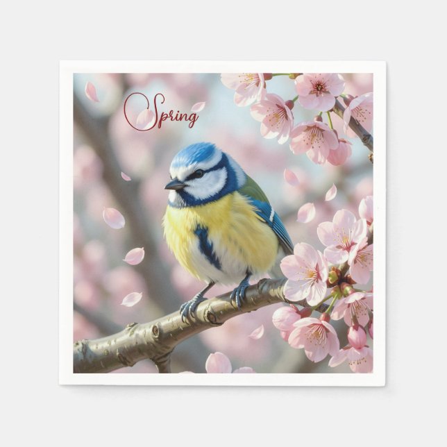 Custom Spring Party Blue Tit Bird on Cherry Tree Pappersservett (Framsidan)