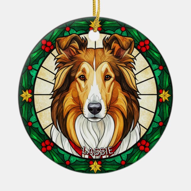 Custom Stained glass effect DOG'S name Christmas  Julgransprydnad Keramik (Framsidan)
