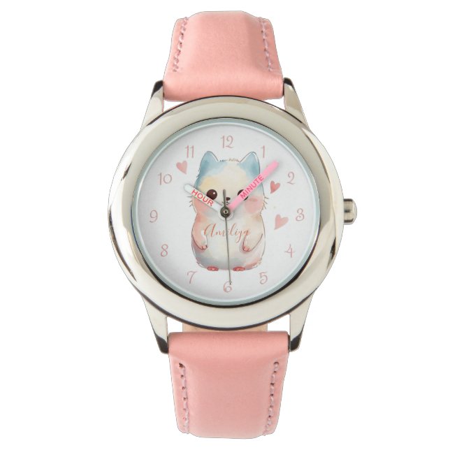 Custom Stainless steel Kids Pink Leathe Armbandsur (Framsida)