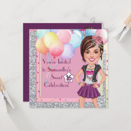 Custom Sweet 16 Caricature with Balloons and Glam Inbjudningar
