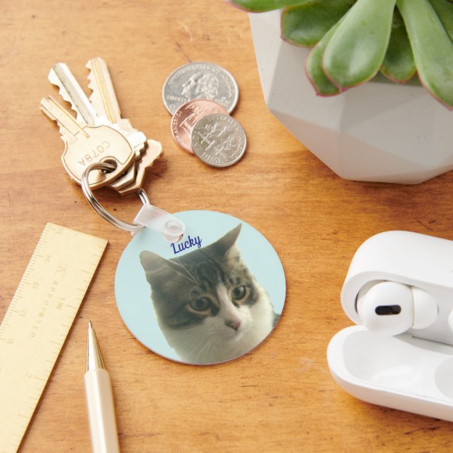 Custom Tabby Cat Photo on Light Blue Nyckelring (Skrivbord)