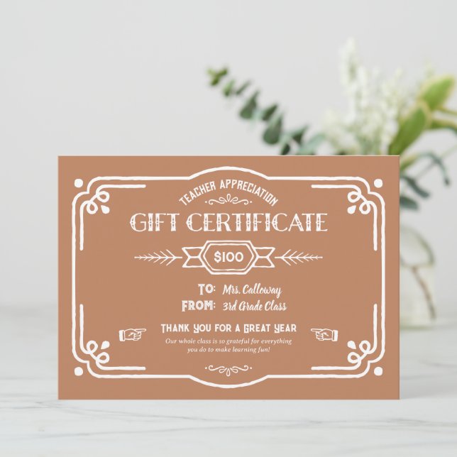 Custom Teacher Appreciation Gift Certificate Card Kort (Stående Fram)