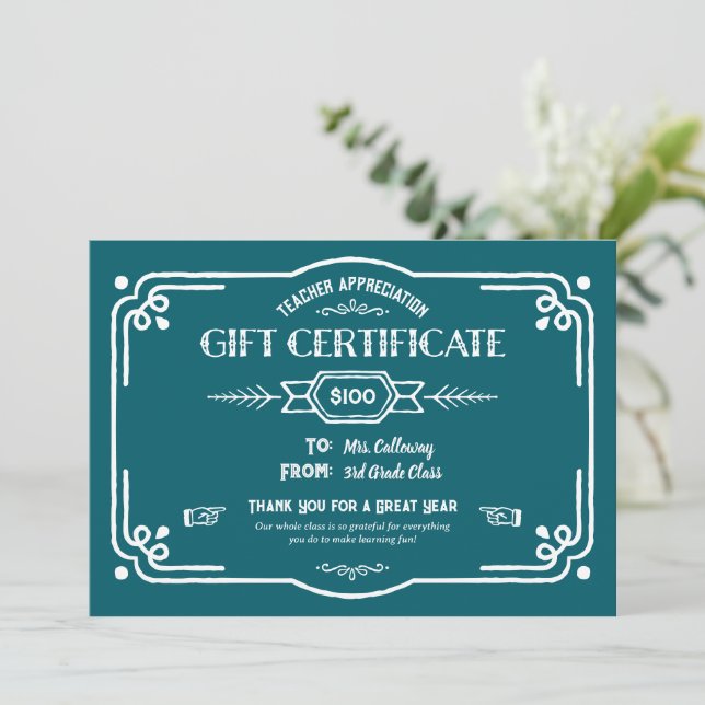 Custom Teacher Appreciation Gift Certificate Kort (Stående Fram)