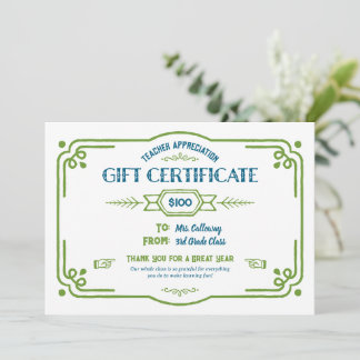 Custom Teacher Appreciation Gift Certificate Kort