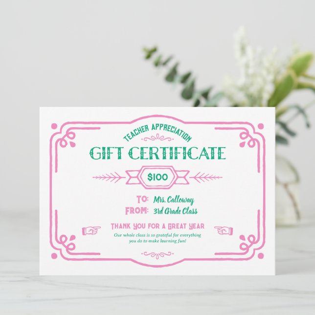 Custom Teacher Appreciation Gift Certificate Kort (Stående Fram)
