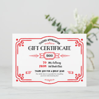 Custom Teacher Appreciation Gift Certificate Kort