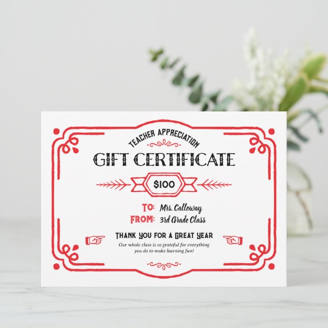 Custom Teacher Appreciation Gift Certificate Kort (Stående Fram)