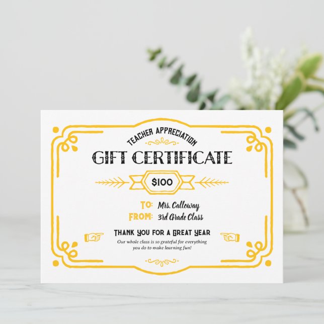 Custom Teacher Appreciation Gift Certificate Kort (Stående Fram)