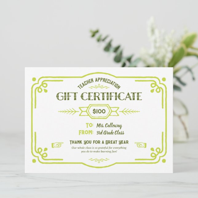 Custom Teacher Appreciation Gift Certificate Kort (Stående Fram)