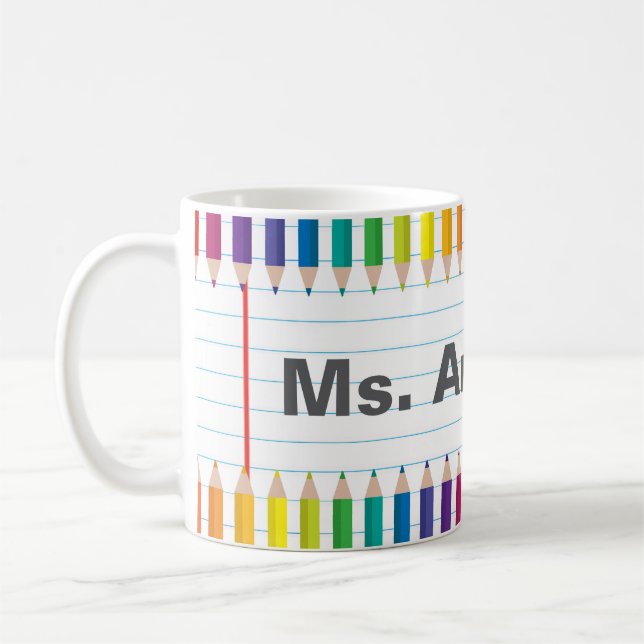 Custom Teacher Name Colorful Pencils Mug Kaffemugg (Vänster)