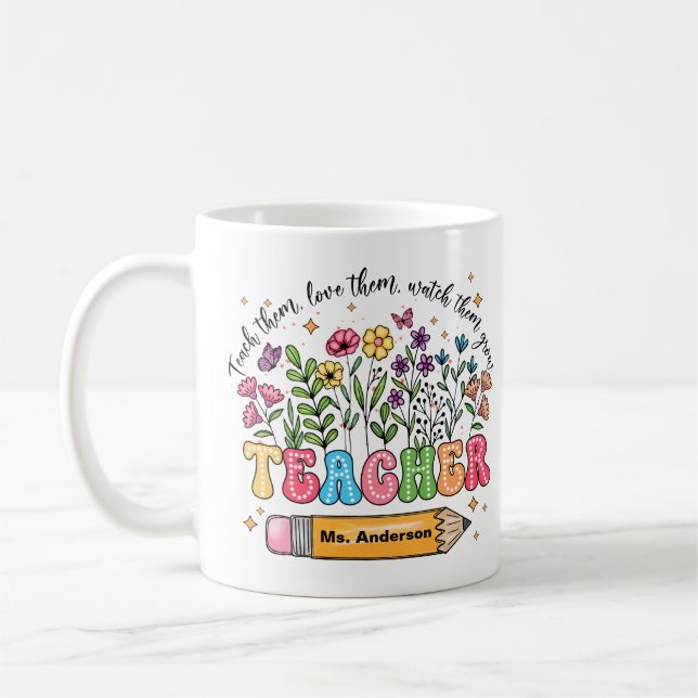 Custom Teacher Name Floral Mug "Teach Love Grow" Kaffemugg (Vänster)