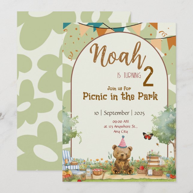 Custom Teddy Bear Picnic Birthday Invitation Inbjudningar (Fram/baksida)