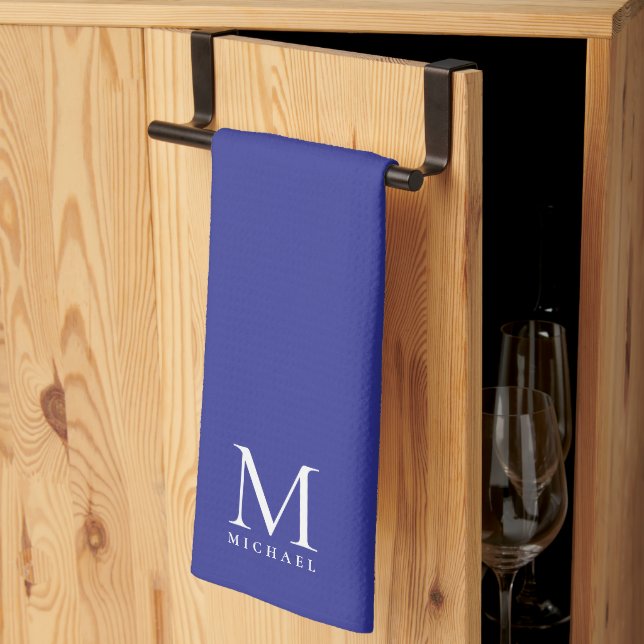 Custom Template Trendy Elegant Deep Blue Monogram Kökshandduk (Thirds Fold)