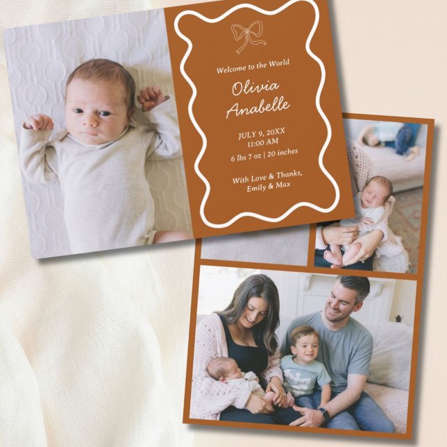 Custom Terracotta Bow Wavy Boho Collage Baby Birth Meddelande (Custom Terracotta Bow Wavy Boho Collage Baby Birth Announcement
)