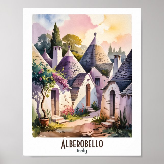 Custom Text Alberobello Italy Trulli Watercolor Poster (Framsidan)