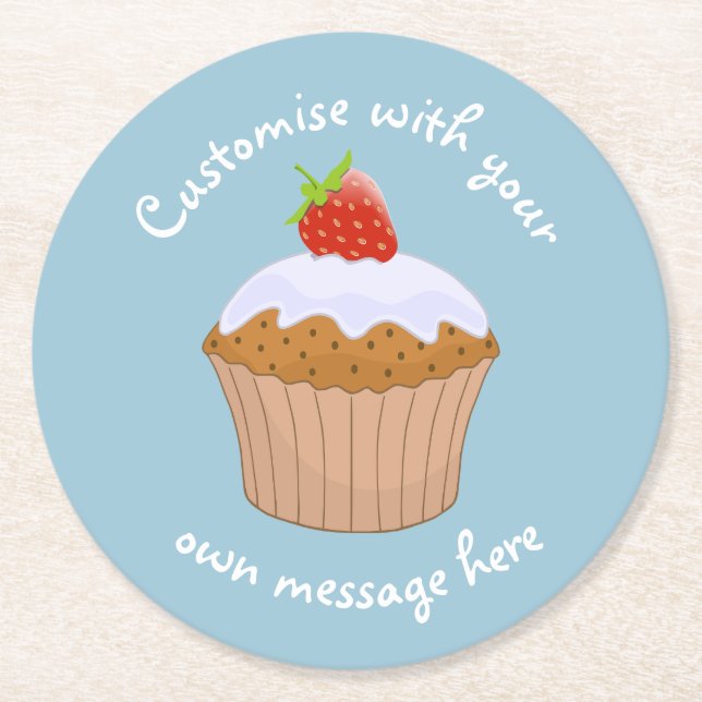 Custom Text Cute Strawberry Bun Blue Underlägg Papper Rund (Framsidan)