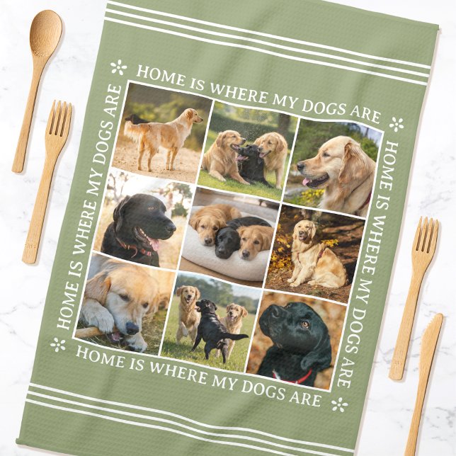 Custom Text Photo Collage Pet Dog Earthy Green Kökshandduk (Skapare uppladdad)