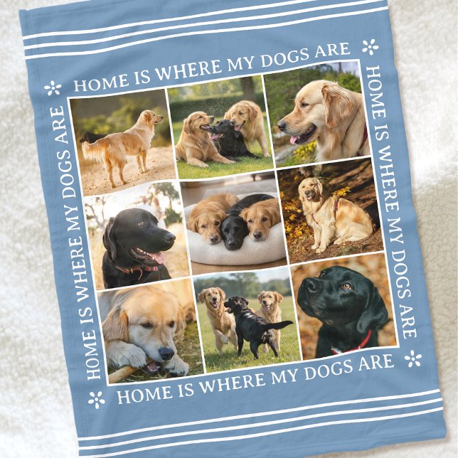 Custom Text Photo Collage Pet Dog Love Blue Fleecefilt (Skapare uppladdad)