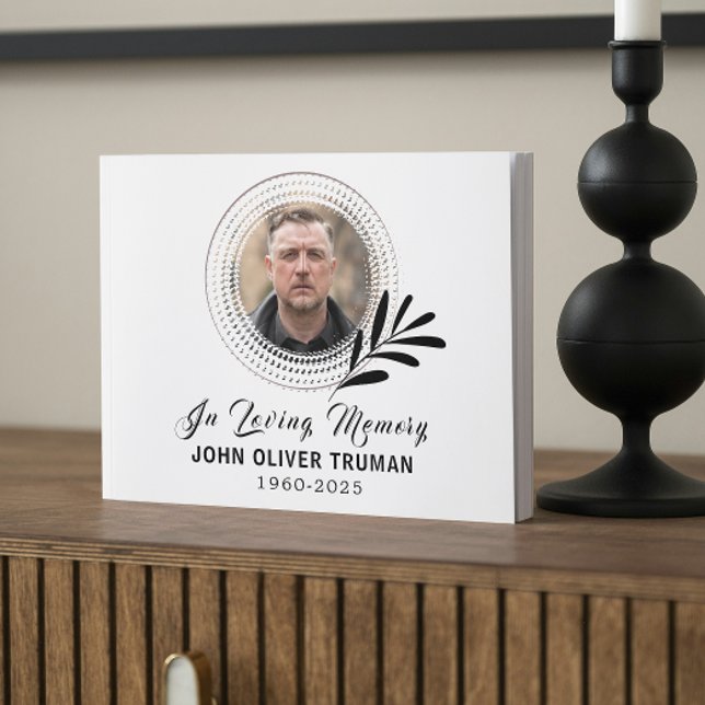 Custom Text Photo Memorial Funeral Leaves Gästböcker (celebration of life guest books for memorial service forever in our hearts minimalist sympathy)