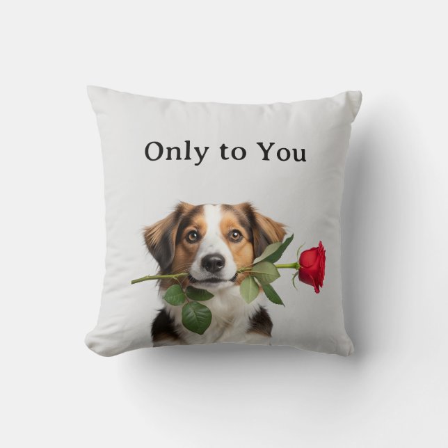 custom text valentine dog holding rose portrait kudde (Framsida)