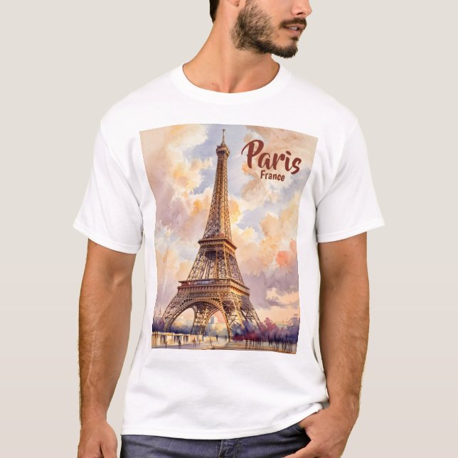 Custom Text Watercolor Eiffel Tower Sunset Travel T Shirt (Framsida)