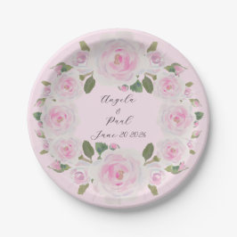 Custom Texts Pink Roses Wreath Paper Plate Wedding