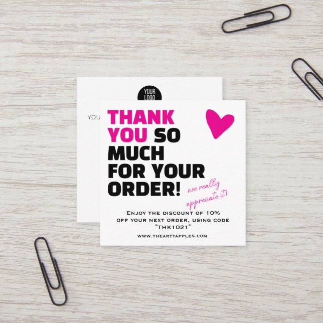 Custom Thank You package insert With Logo & Offer Fyrkantigt Visitkort (Fram/Back In Situ)