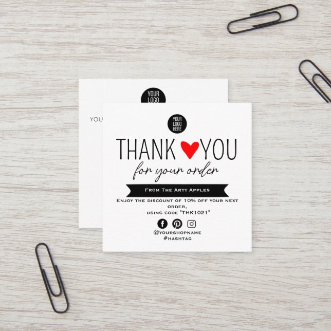 Custom Thank You package insert With Logo & Offer Fyrkantigt Visitkort (Fram/Back In Situ)