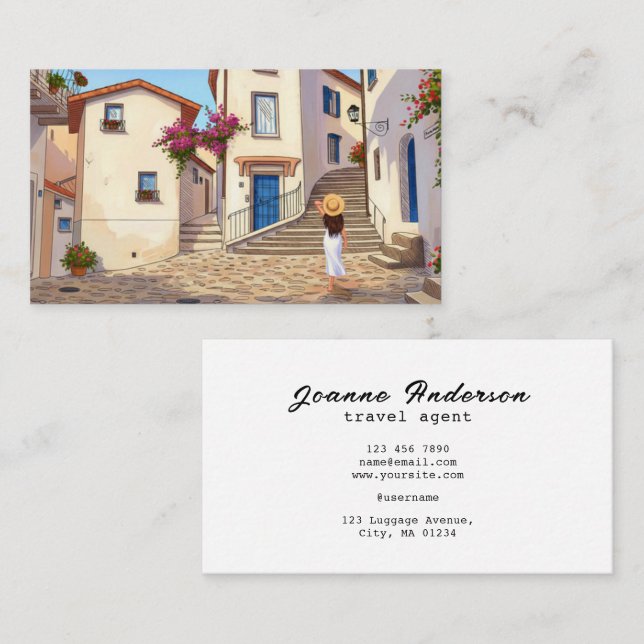 Custom Travel Agent Business Card with Cityscape Visitkort (Fram/baksida)