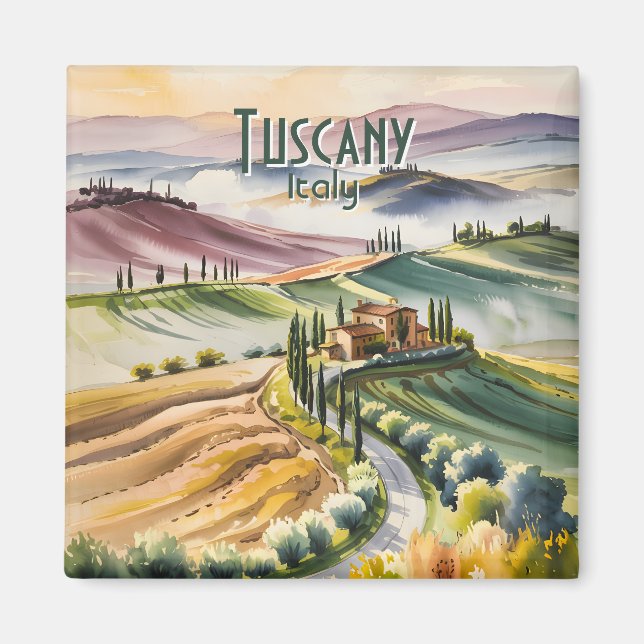 Custom Tuscany Watercolor Rolling Hills Landscape Magnet (Framsidan)