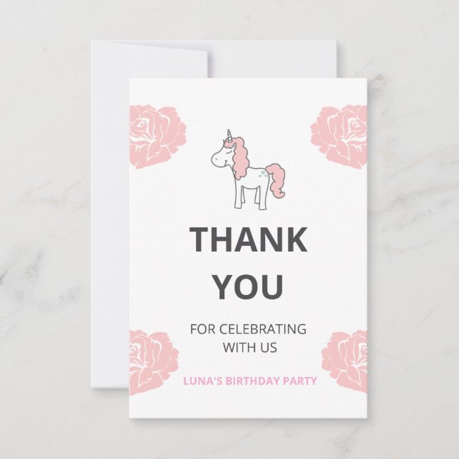 Custom Unicorn Cute Pink Birthday Party  Tack Kort (Framsida)