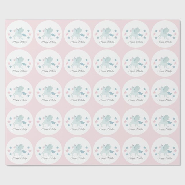 Custom Unicorn Cute Pink Blue Happy Birthday  Presentpapper (Platt)