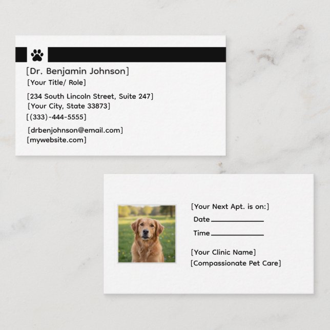 Custom Veterinary Appointment Card | Photo & Logo Visitkort (Fram/baksida)
